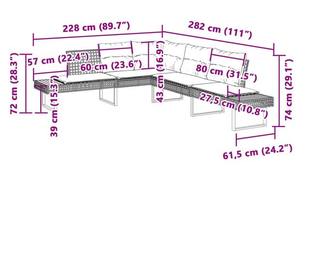 fekete polyrattan és akácfa L-alakú kerti kanapé párnával