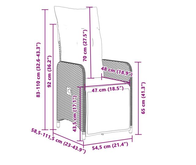 szürke polyrattan dönthető kerti szék párnákkal
