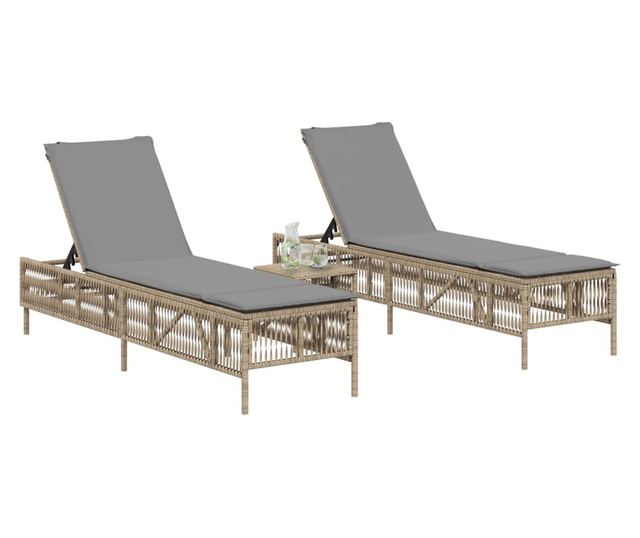 2 db bézs polyrattan napozóágy asztallal