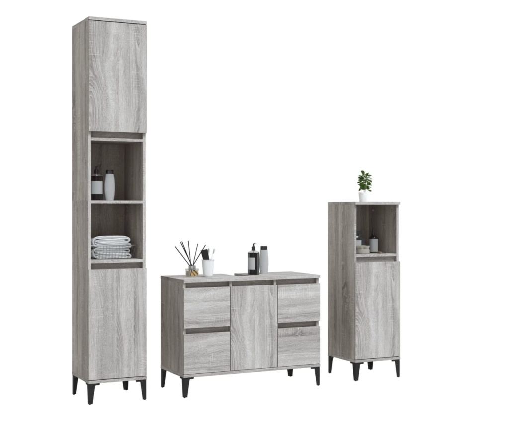 Мебелен комплект за баня, 3 части, Сонома сиво, Инженерна дървесина - 3
