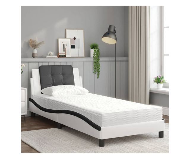 Легло с матрак, бяло и черно, 90x190 см, изкуствена кожа