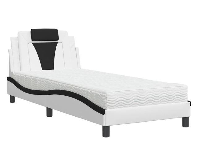 Легло с матрак, бяло и черно, 90x190 см, изкуствена кожа