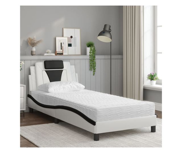 Легло с матрак, бяло и черно, 90x190 см, изкуствена кожа