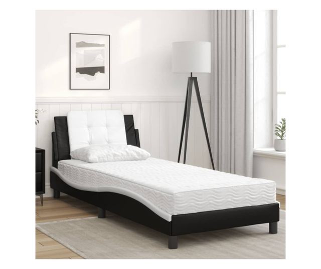 Легло с матрак, черно и бяло, 100x200 см, изкуствена кожа