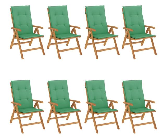 Наклоняеми градински столове с възглавници, 8 бр, тик масив