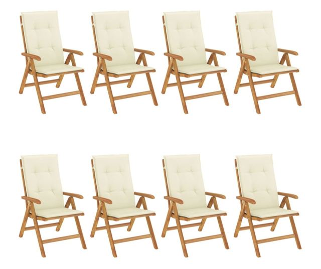 Наклоняеми градински столове с възглавници, 8 бр, тик масив