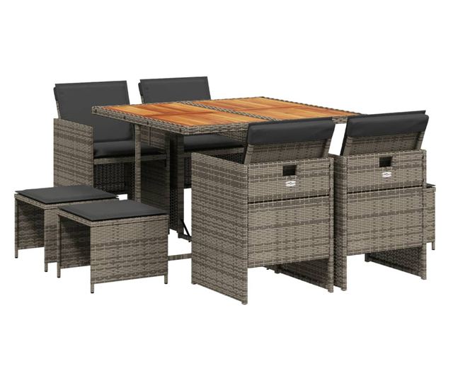 Градински трапезен комплект 9 части с възглавници сив полиратан