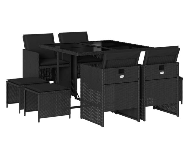 Градински трапезен комплект възглавници 9 части черен полиратан