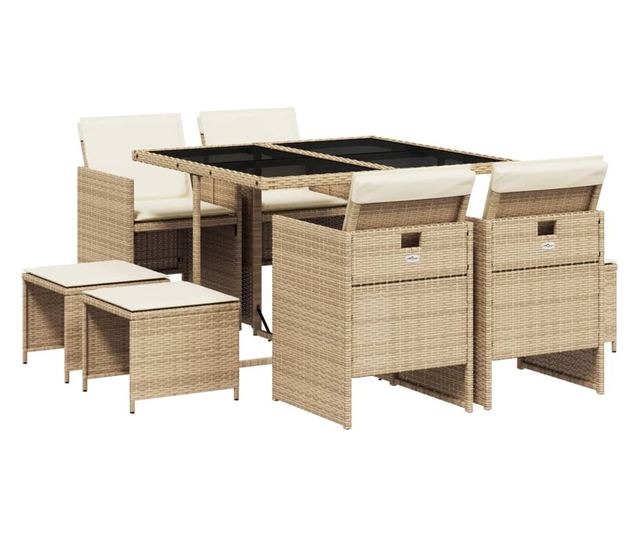 Градински комплект с възглавници, 9 части, бежов полиратан