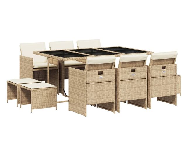 Градински комплект с възглавници, 11 части, бежов полиратан