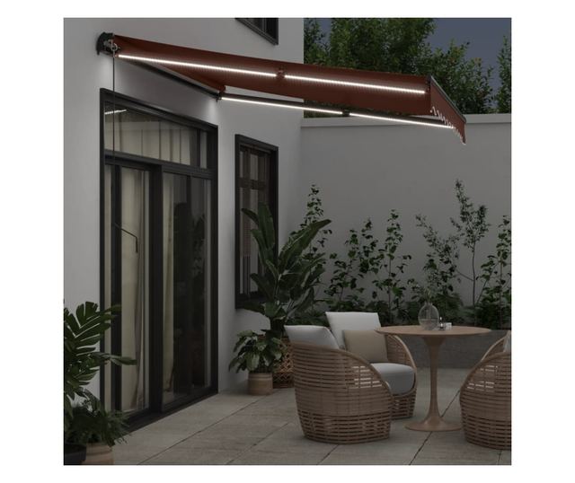 Ръчно прибираща се тента с LED, кафява, 300x250 см