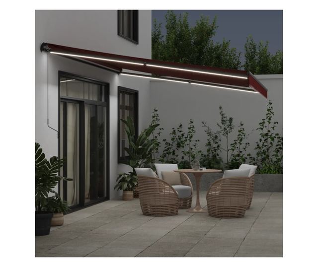 Ръчно прибираща се тента с LED, бордо, 450x350 см