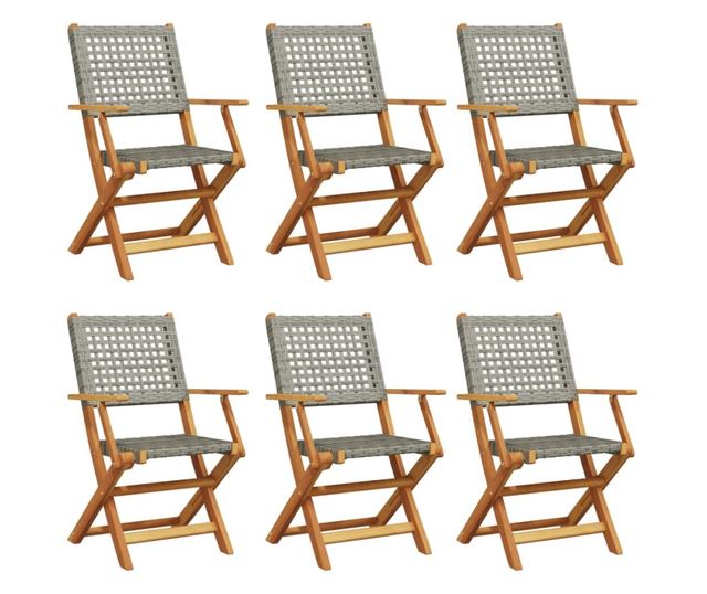 Сгъваеми градински столове, 6 бр, сив, полиратан и дърво масив