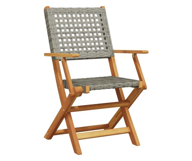 Сгъваеми градински столове, 8 бр, сив, полиратан и дърво масив