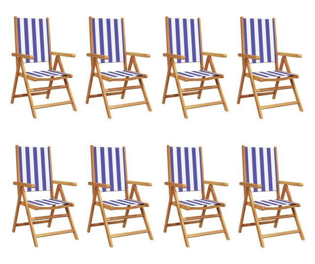 Накланящи градински столове 8 бр синьо-бял плат и дърво масив