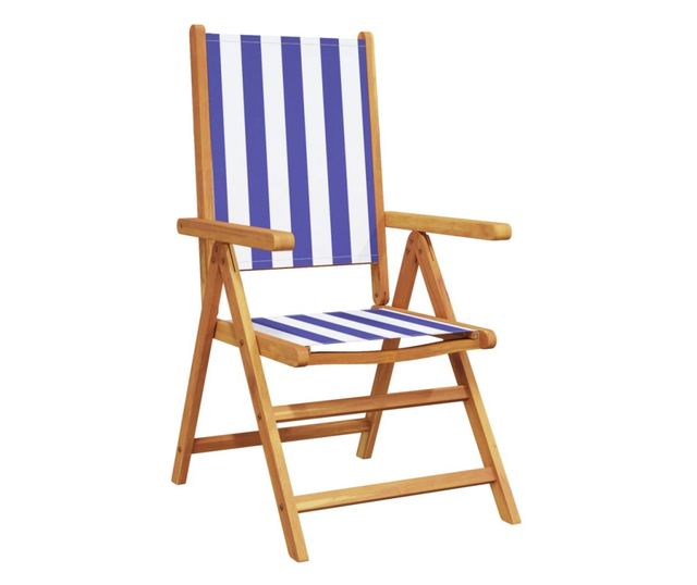 Накланящи градински столове 8 бр синьо-бял плат и дърво масив