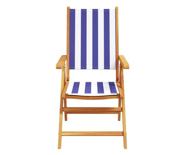 Накланящи градински столове 8 бр синьо-бял плат и дърво масив