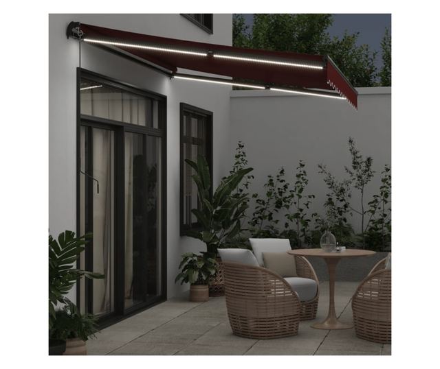 Ръчно прибираща се тента с LED, бордо, 350x250 см