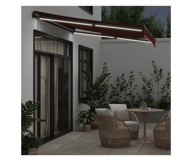 Ръчно прибираща се тента с LED, бордо, 300x250 см