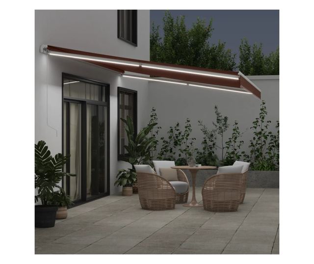 Ръчно прибираща се тента с LED, кафяв, 500x350 см