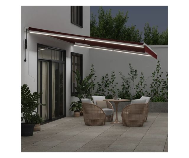 Автоматично прибираща се тента с LED, бордо, 500x300 см