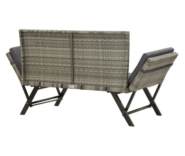 Градинска пейка с възглавници, сива, 176 см, полиратан