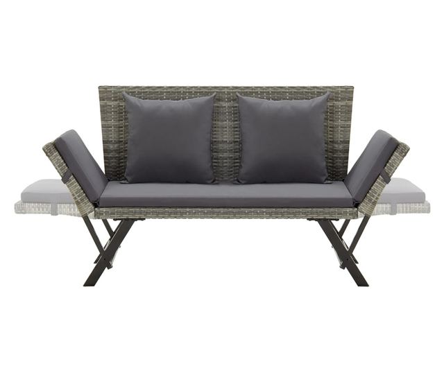 Градинска пейка с възглавници, сива, 176 см, полиратан