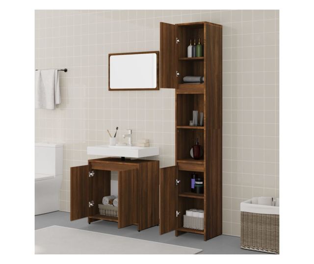 Комплект мебели за баня от 3 части, кафяв дъб, инженерно дърво