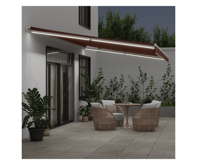 Ръчно прибираща се тента с LED, кафяв, 600x300 см