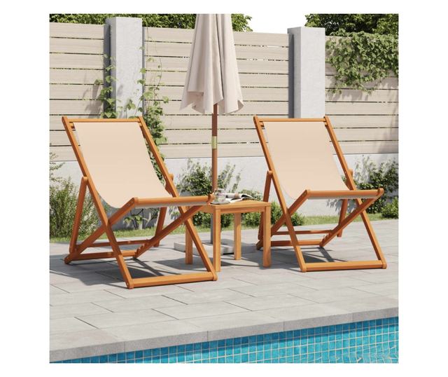 Сгъваеми плажни столове, 2 бр, бежов, плат и масивно дърво