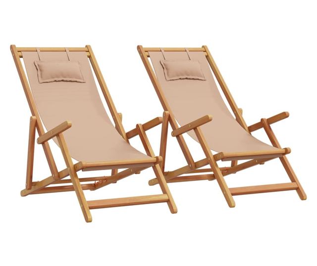 Сгъваеми плажни столове, 2 бр, таупе, плат и масивно дърво