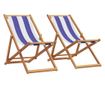 Сгъваеми плажни столове, 2 бр, син и бял, плат и масивно дърво