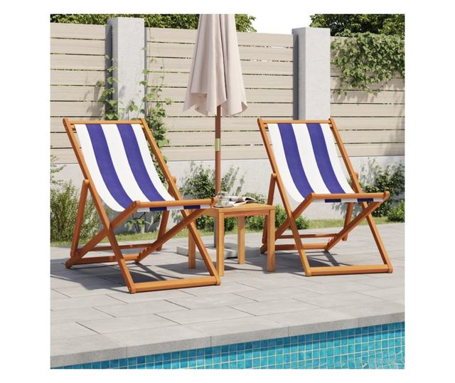Сгъваеми плажни столове, 2 бр, син и бял, плат и масивно дърво