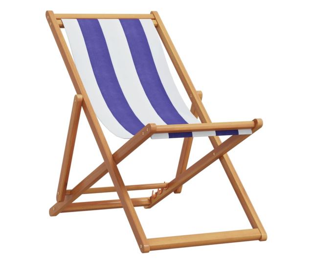 Сгъваеми плажни столове, 2 бр, син и бял, плат и масивно дърво