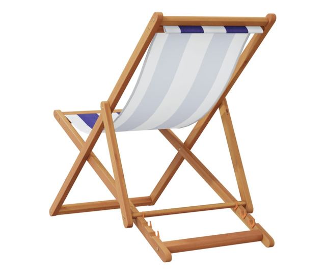 Сгъваеми плажни столове, 2 бр, син и бял, плат и масивно дърво