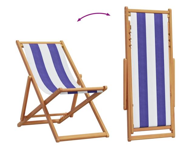 Сгъваеми плажни столове, 2 бр, син и бял, плат и масивно дърво
