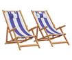 Сгъваеми плажни столове, 2 бр, син и бял, плат и масивно дърво