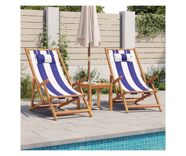 Сгъваеми плажни столове, 2 бр, син и бял, плат и масивно дърво