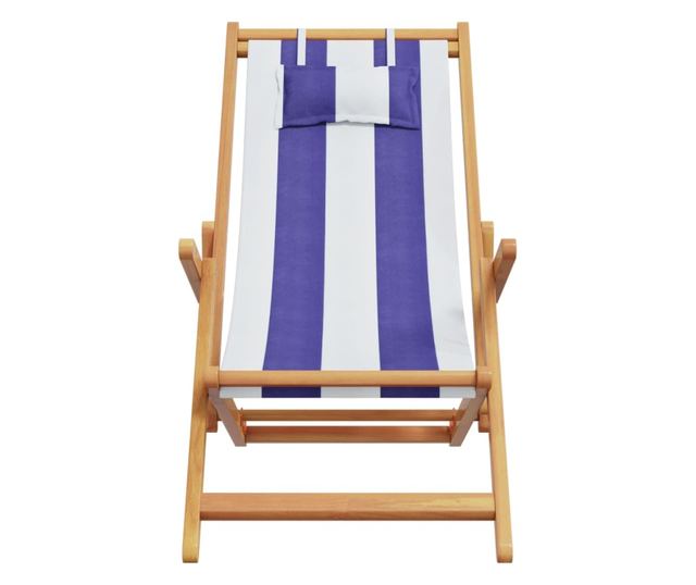Сгъваеми плажни столове, 2 бр, син и бял, плат и масивно дърво