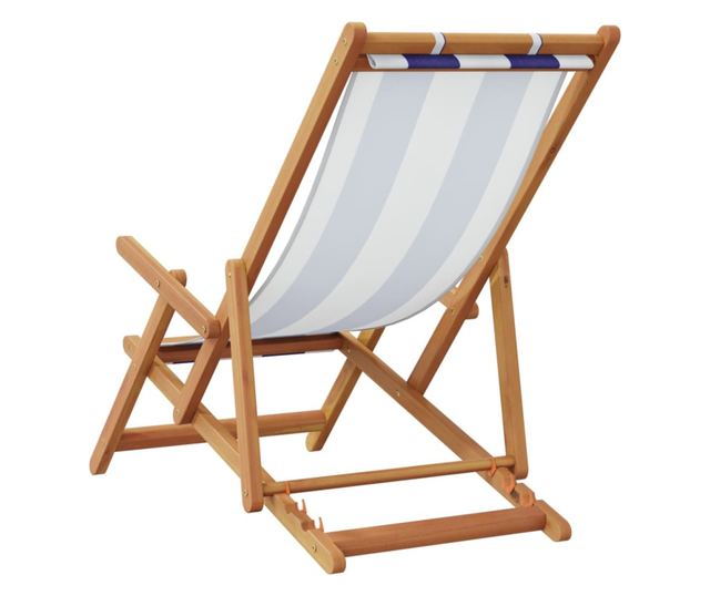 Сгъваеми плажни столове, 2 бр, син и бял, плат и масивно дърво