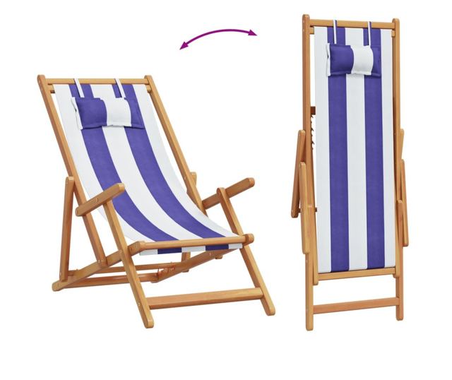 Сгъваеми плажни столове, 2 бр, син и бял, плат и масивно дърво