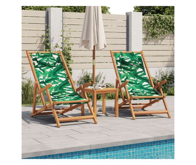 Сгъваеми плажни столове, 2 бр, на листа, плат и масивно дърво