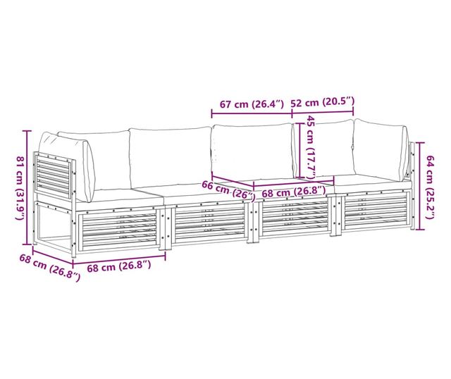 Градински диван от 4 части, с възглавници, масивна акация