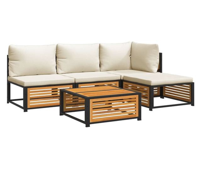 Градински комплект диван с възглавници, 5 части, акация масив