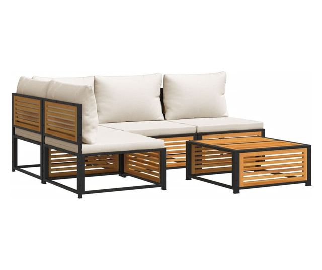 Градински комплект диван с възглавници, 5 части, акация масив