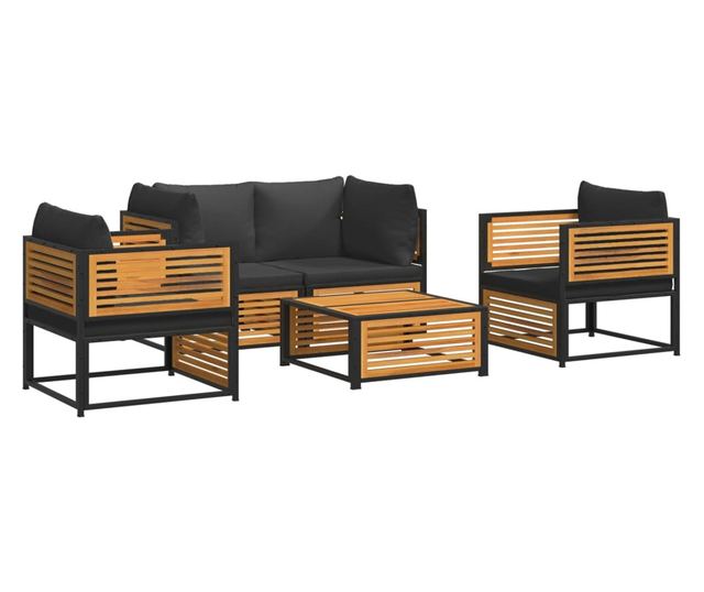 Градински комплект диван с възглавници, 5 части, акация масив
