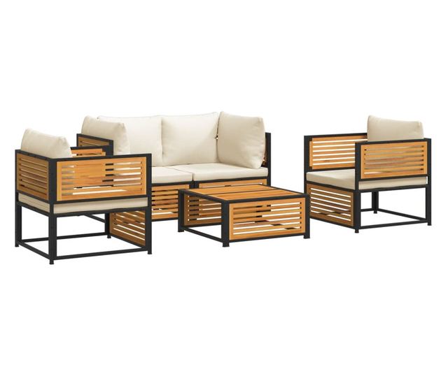 Градински комплект диван с възглавници, 5 части, акация масив