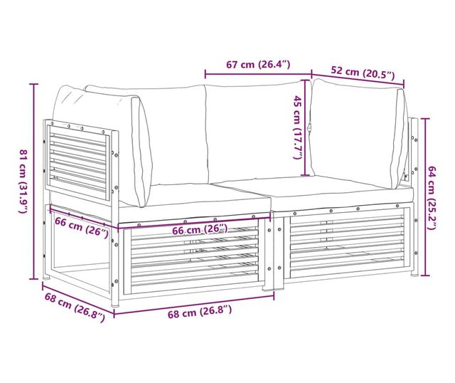 Градински комплект дивани с възглавници от 2 части акация масив