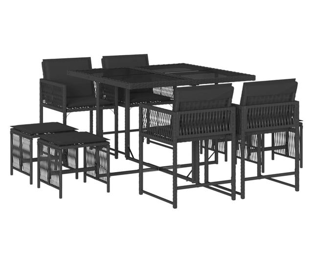 Градински трапезен комплект възглавници 9 части черен полиратан