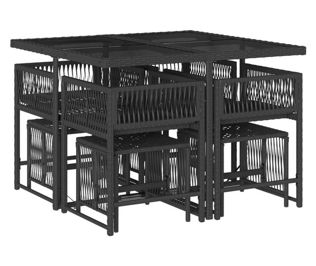 Градински трапезен комплект възглавници 9 части черен полиратан